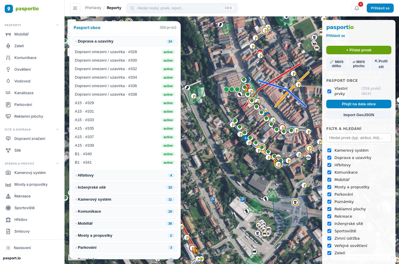 Celé město na jedné mapě s podkladem ČÚZK a evidovanými prvky pasportu