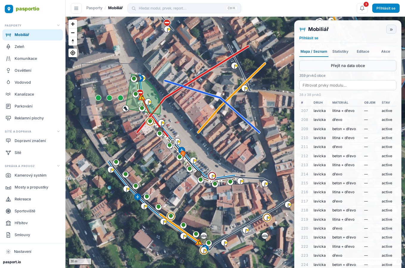 Piktogramy mobiliáře — koše, lavičky, stromy