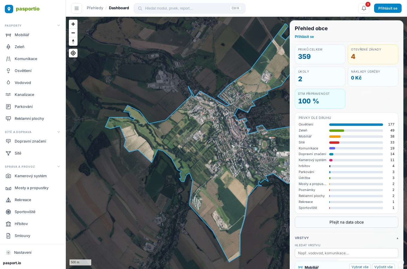 Přehledová mapa obce — dashboard a správa vrstev
